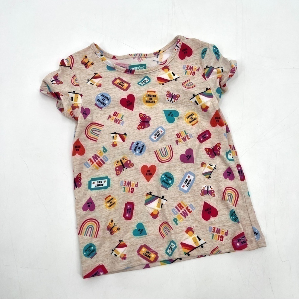 365 KIDS Girl's Tan & Colorful Print Short Sleeve Casual Top Size 4